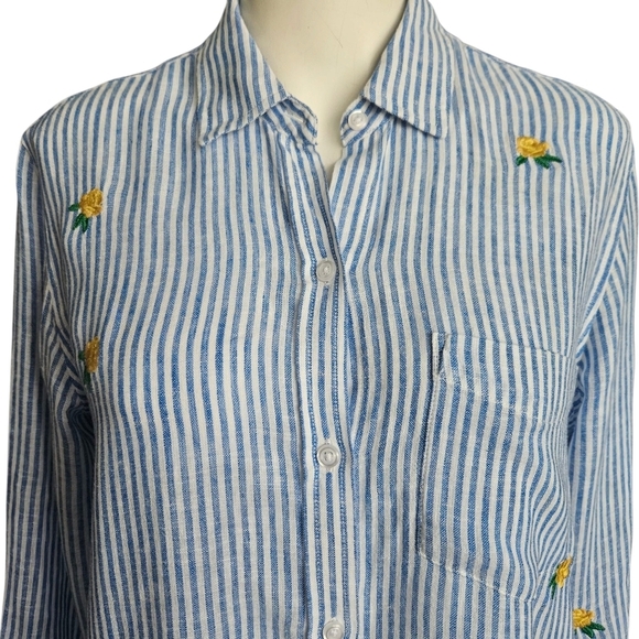 RAILS Womens Top XS Shirt Button-Up CHARLI YELLOW ROSES Blue Stripe Linen Blend - Picture 3 of 12